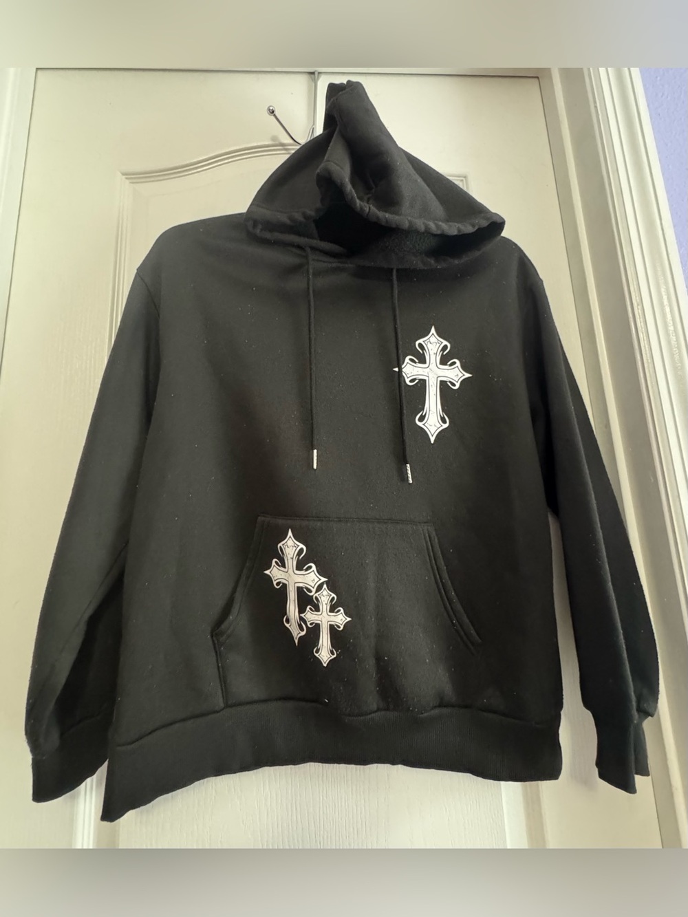 SHEIN Black Crewneck Hoodie with White Cross Patches